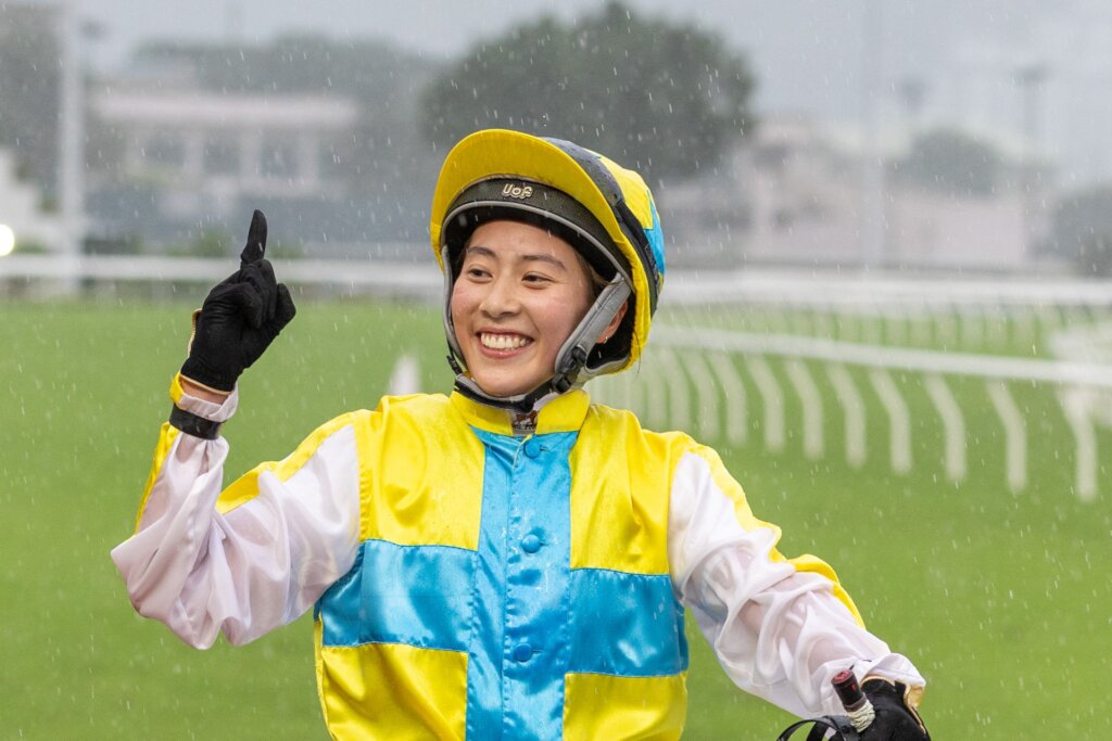 Jockey Britney Wong celebrates her first winner in Hong Kong