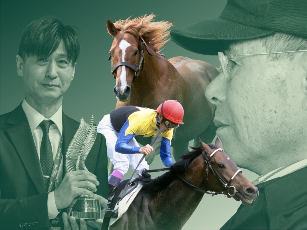 Yasutoshi and Yasuo Ikee with their star gallopers Deep Impact and Orfevre