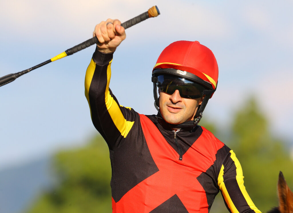 Cristophe Lemaire celebrating his Shuka Show win aboard Cervinia