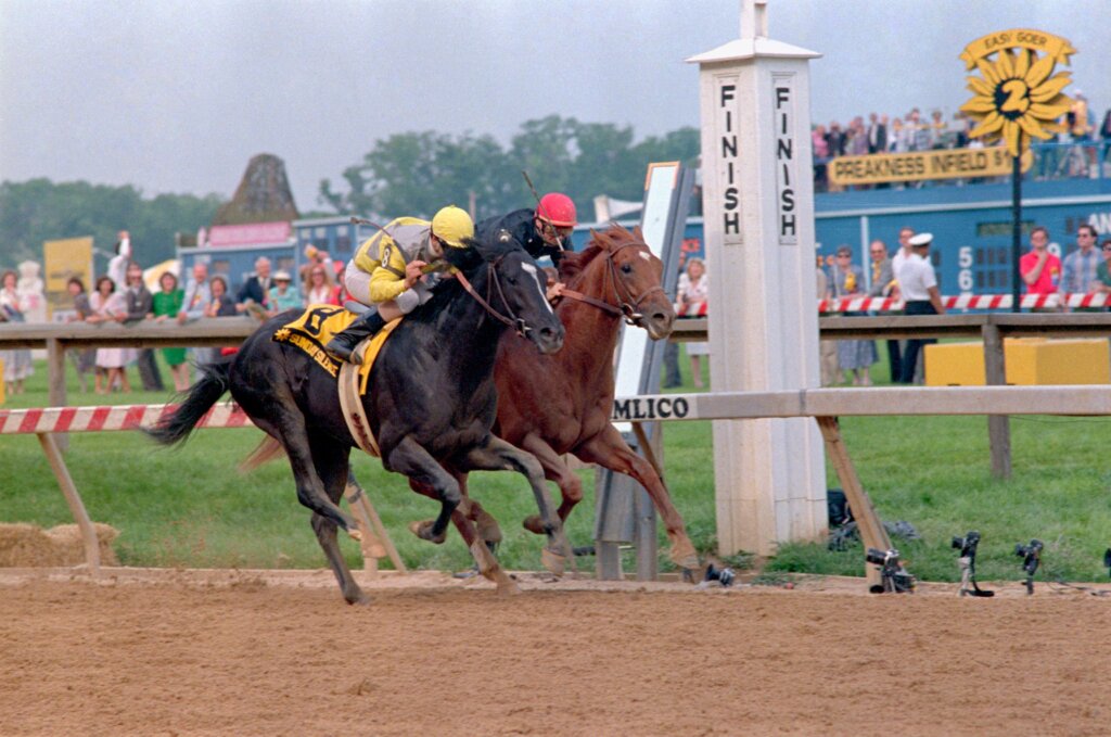 Sunday Silence defeats Easy Goer in the 1989 Preakness Stakes at Pimlico