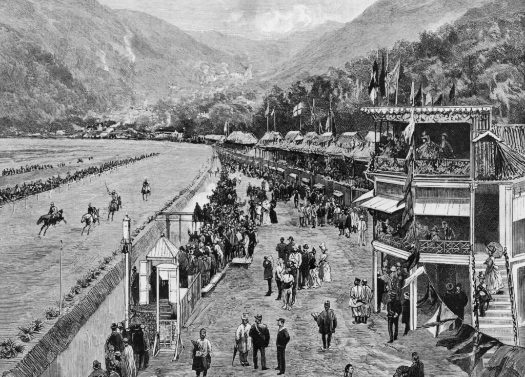 Illustration of a racing at Happy Valley in the 1880s