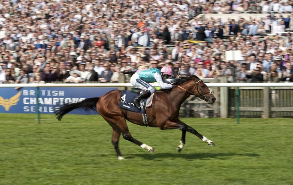 Tom Queally guiding Frankel to a dominant 2000 Guineas win