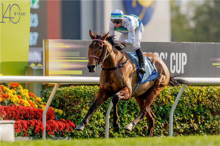 James McDonald riding Voyage Bubble to victory in the Stewards' Cup at Sha Tin