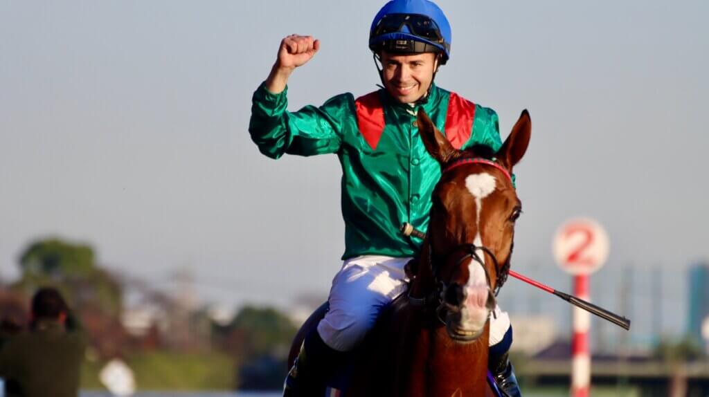 Mickael Barzalona celebrates Calndagan's Japan Cup win