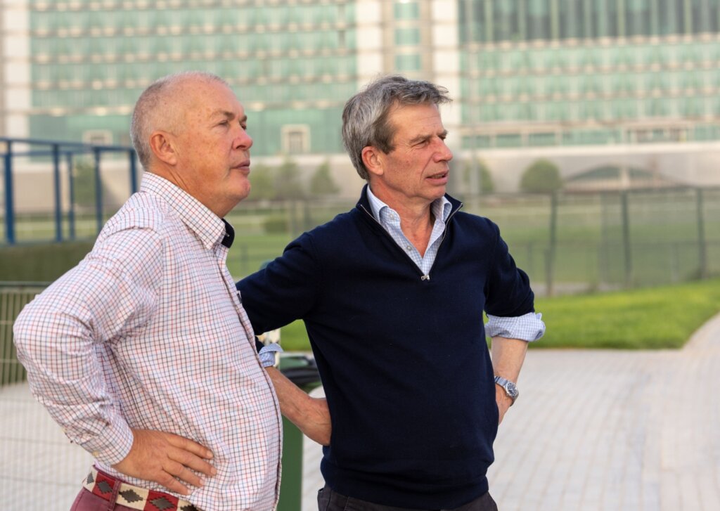 Trainer Jamie Osborne with Heart Of Honor owner Jim Bryce at Meydan trackwork