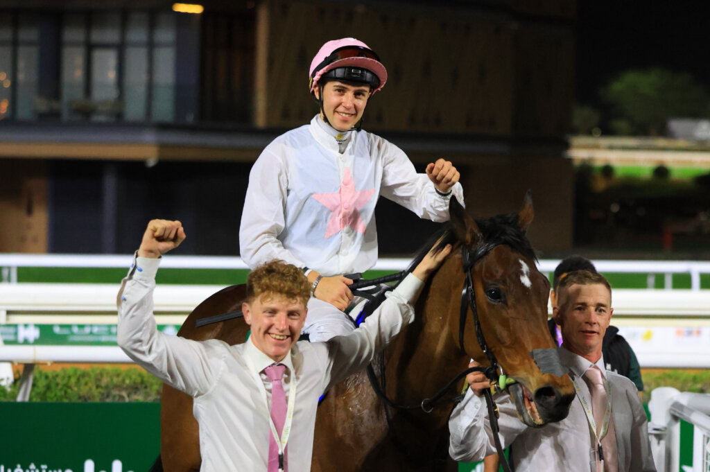 Dylan Browne McMonagle celebrates a win in Riyadh on Sons And Lovers in the Red Sea Turf Handicap