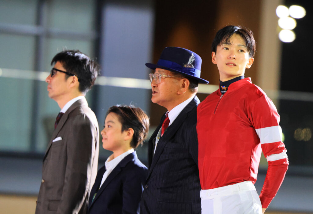 Forever Young owner Susumu Fujita, trainer Yoshito Yahagi and jockey Ryusei Sakai after winning the 2026 Saudi Cup