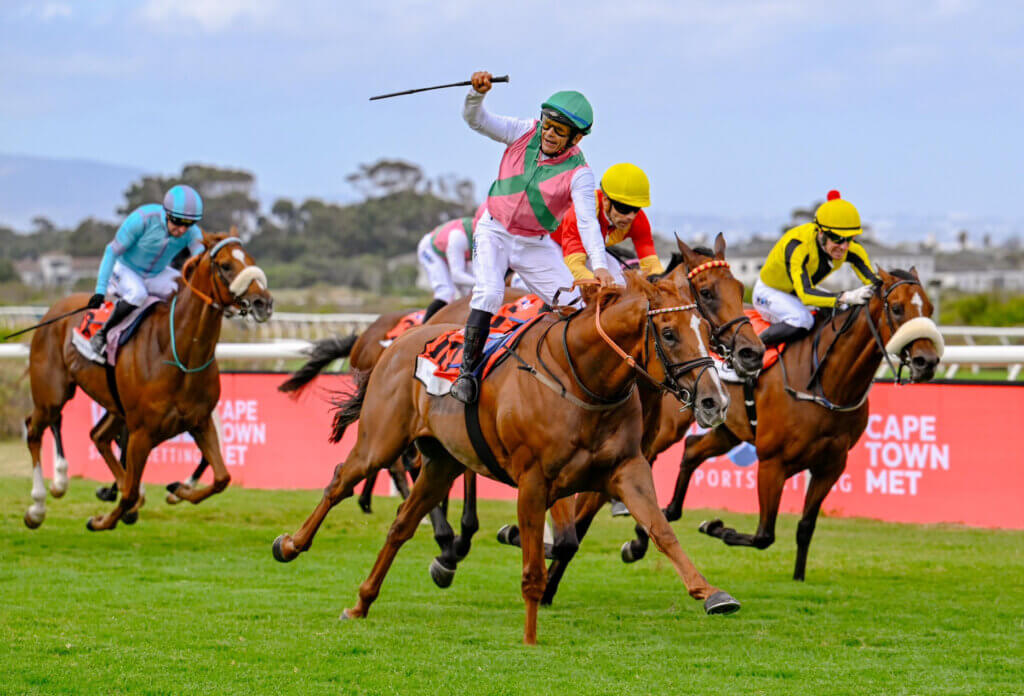 Andrew Forsman celebrates aboard See It Again when winning the Cape Town Met in 2026