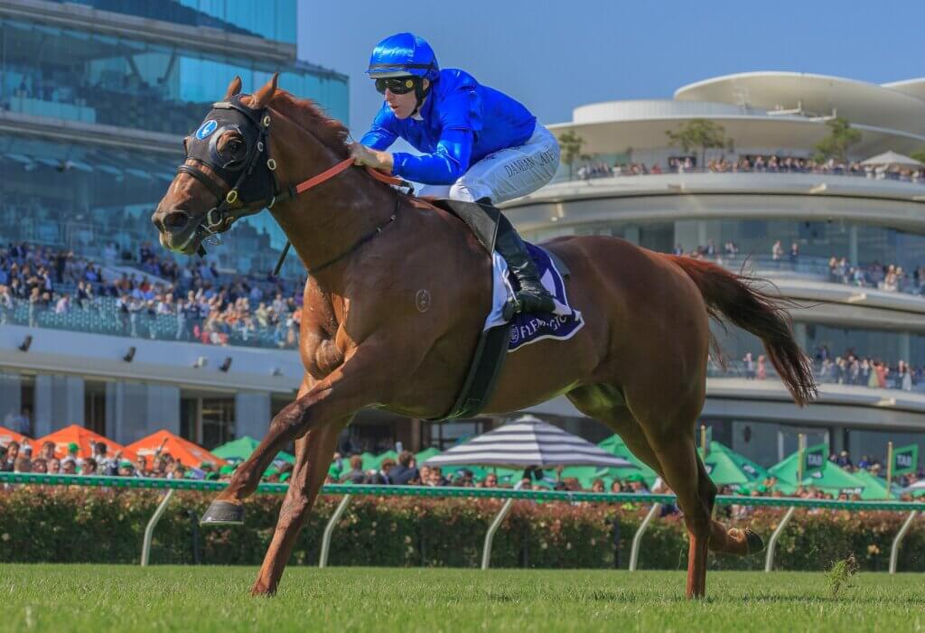 Damian Lane guides Tentyris to victory in the G1 Lightning Stakes at Flemington