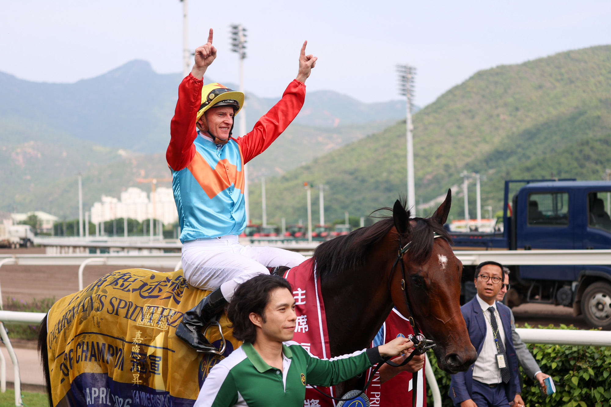 Champion jockey Zac Purton celebrates after 2026 Chairman's Sprint Prize