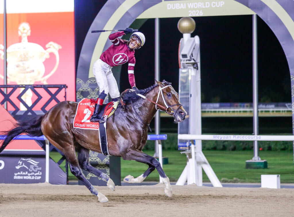 Jose Ortiz celebrates his 2026 Dubai World Cup win aboard Magnitude