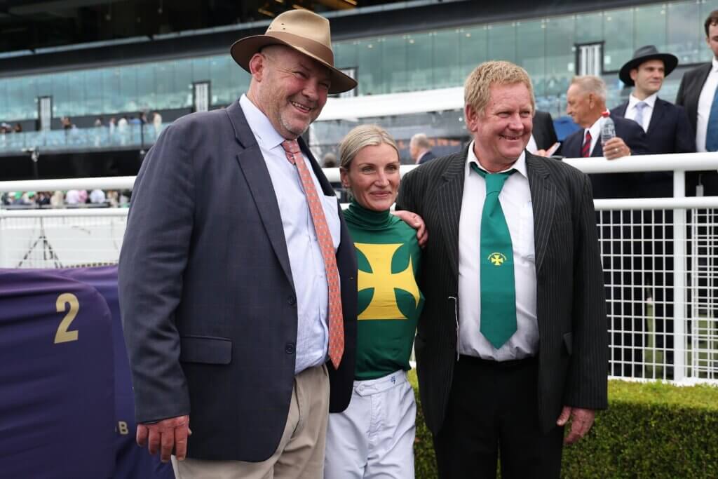 Sheza Alibi trainer Peter Moody with jockey Jamie Melham and owner Fred Noffke after winning the Doncaster Mile