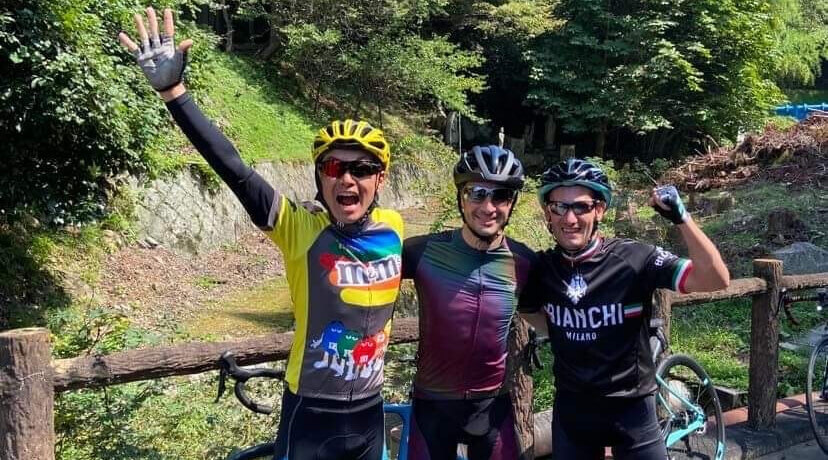 Joe Fujii, Christophe Lemaire and Mirco Demuro cycling in Japan