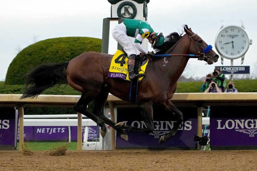 Flightline winning the G1 Breeders' Cup Classic at Keeneland in 2022