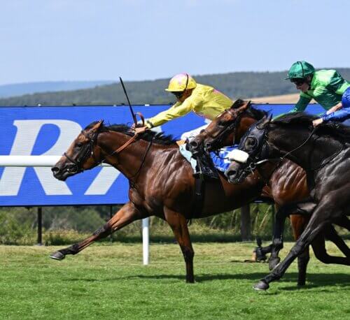 Dr Rascal winning the G2 Vintage Stakes under Kaiya Fraser at Goodwood