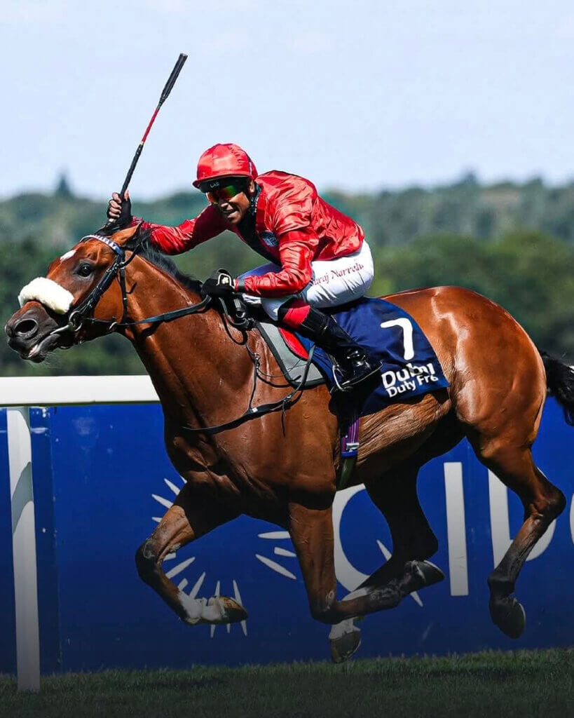 Suraj Narredu saluting when winning the Shergar Cup stayers race aboard Fireblade