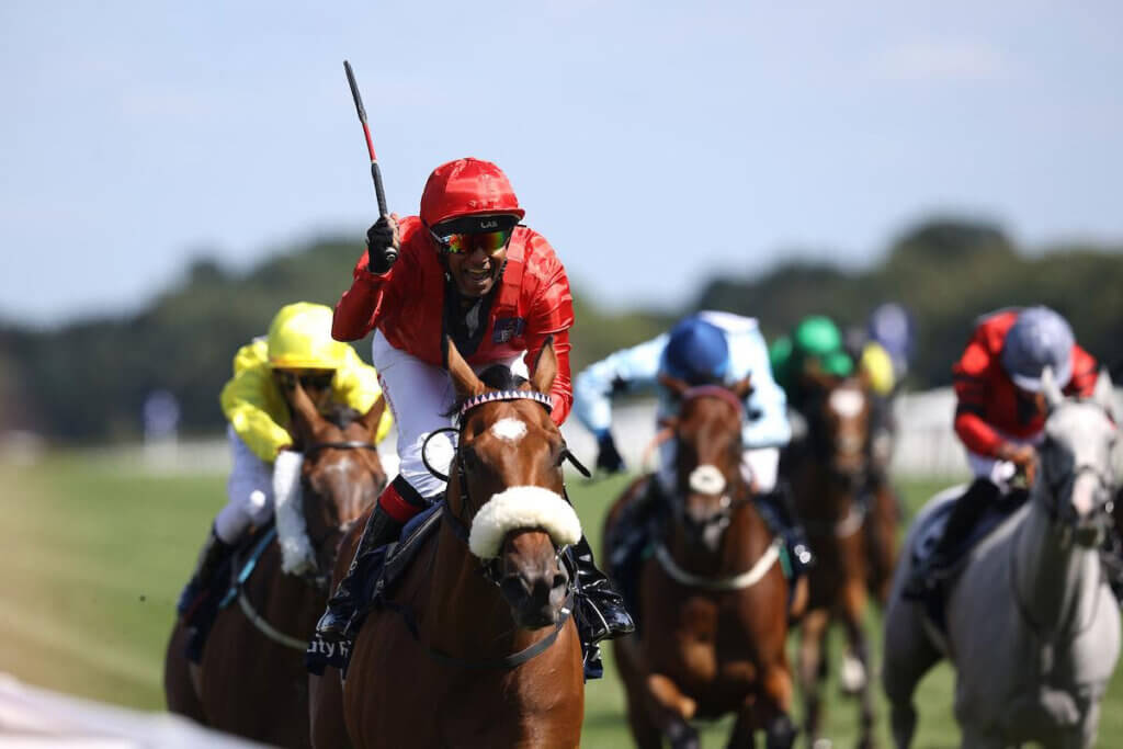 Suraj Narredu winning a Shergar Cup race aboard Fireblade