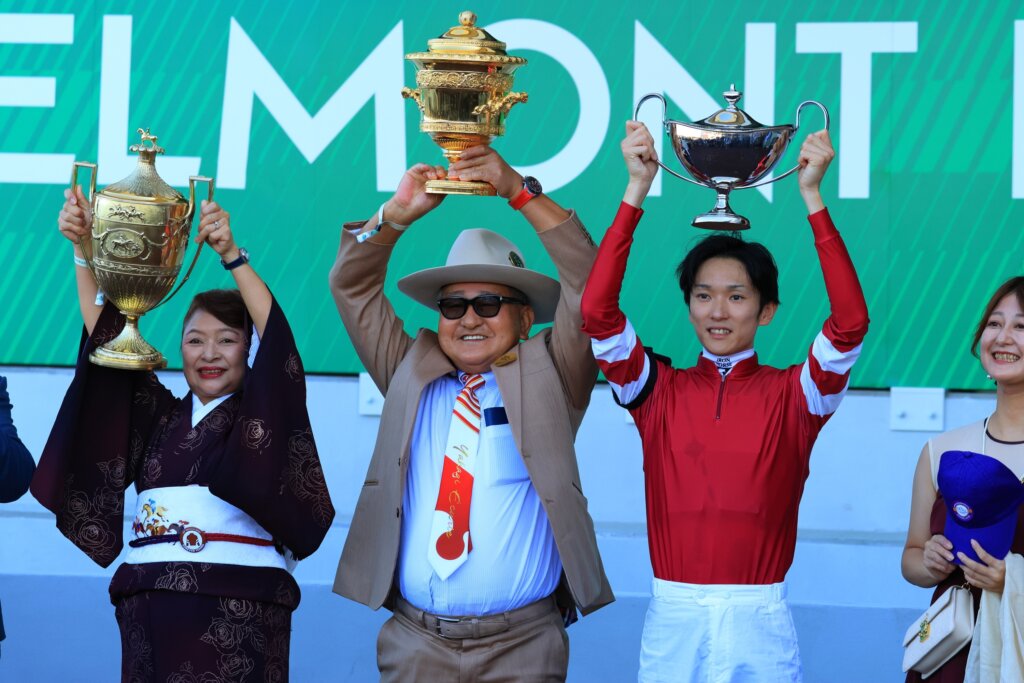 Yoshito Yahagi and Ryusei Sakai at Belmont Park after Forever Young's win