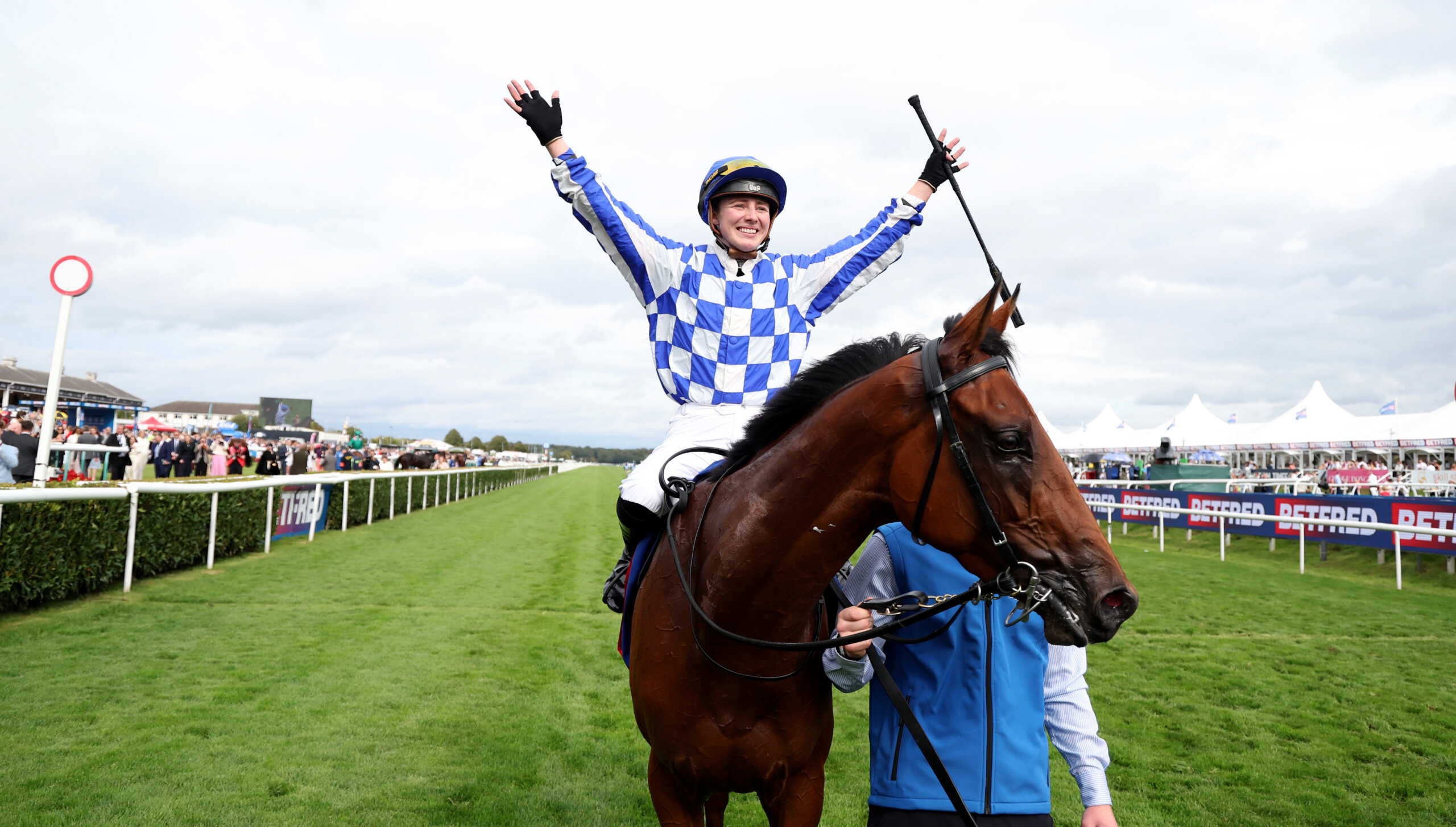 Saffie Osborne celebrating on Highwayman after winning the G1 St Leger at Doncaster