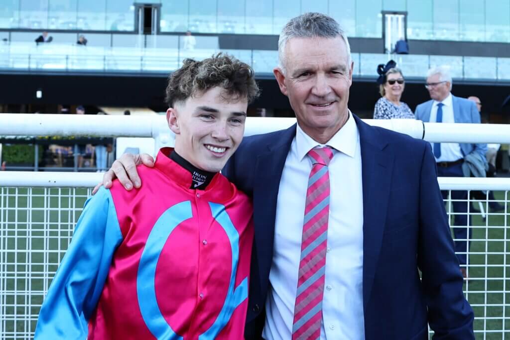 Matthew Smith and Zac Lloyd after winning the 2025 Concorde Stakes with Headwall