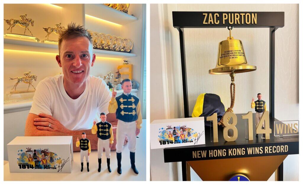 Zac Purton with lifelike figurines and other memorabilia
